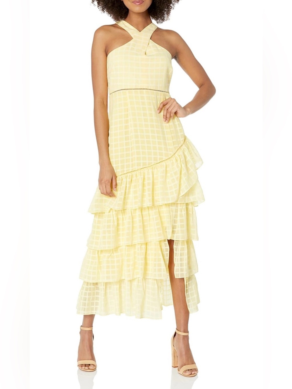 LIKELY Women's Reni Dress Yellow Halter Ruffled Tiered Midi Dress Size 10